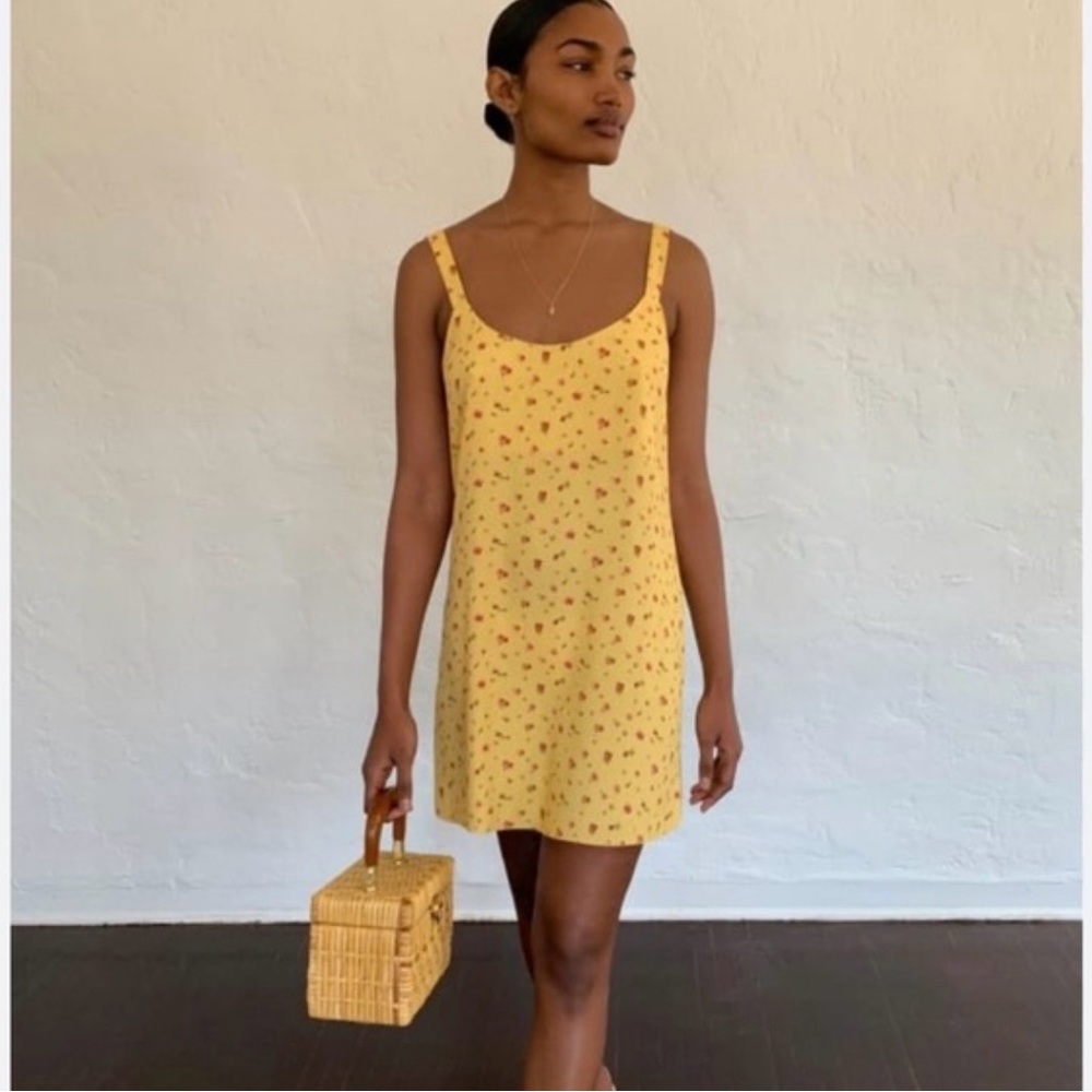 Reformation Yellow Mini Dress with Red Floral Print
